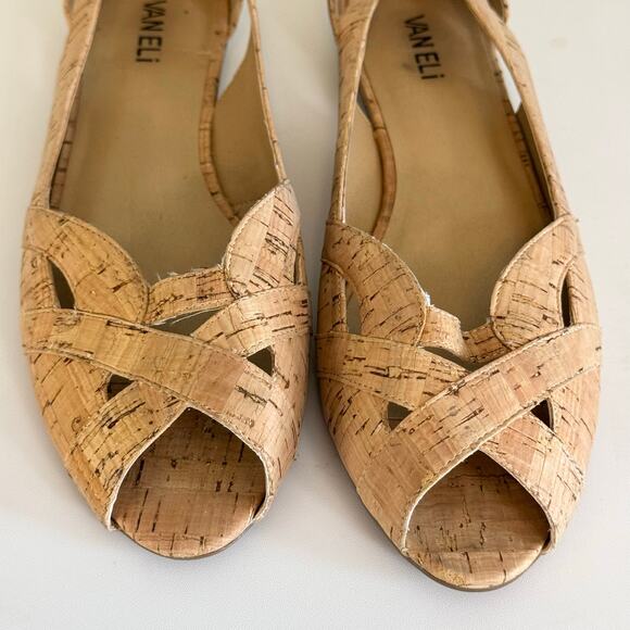 Van Eli Women 11.5 Brown Natural Cork Peep Toe Flat Slip On Casual Cutout Sandal - Picture 9 of 12